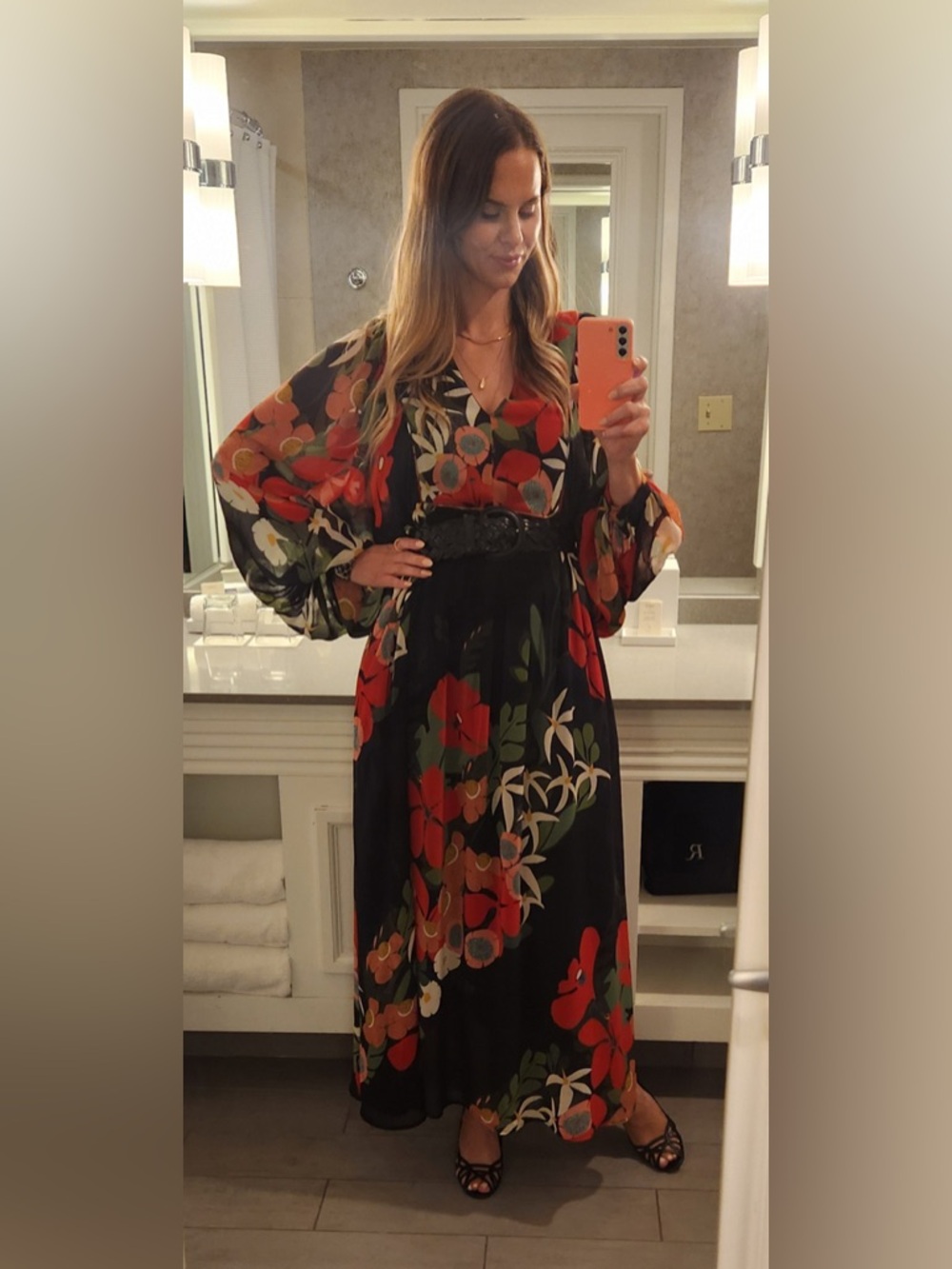 Farm Rio Anthropologie Long Sleeve V Neck Floral Maxi Dress Medium - Picture 1 of 8